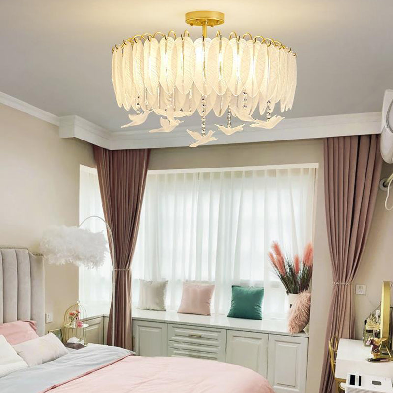 Modern Glass Ceiling Lamp Feather-shaped Flush Mount Light Fixture for Bedroom