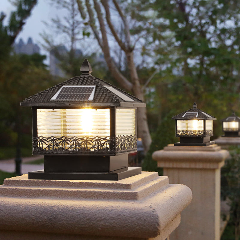 Rectangular Shape Metal Solar Pillar Lamp Modern Style 1-Light Outdoor Light