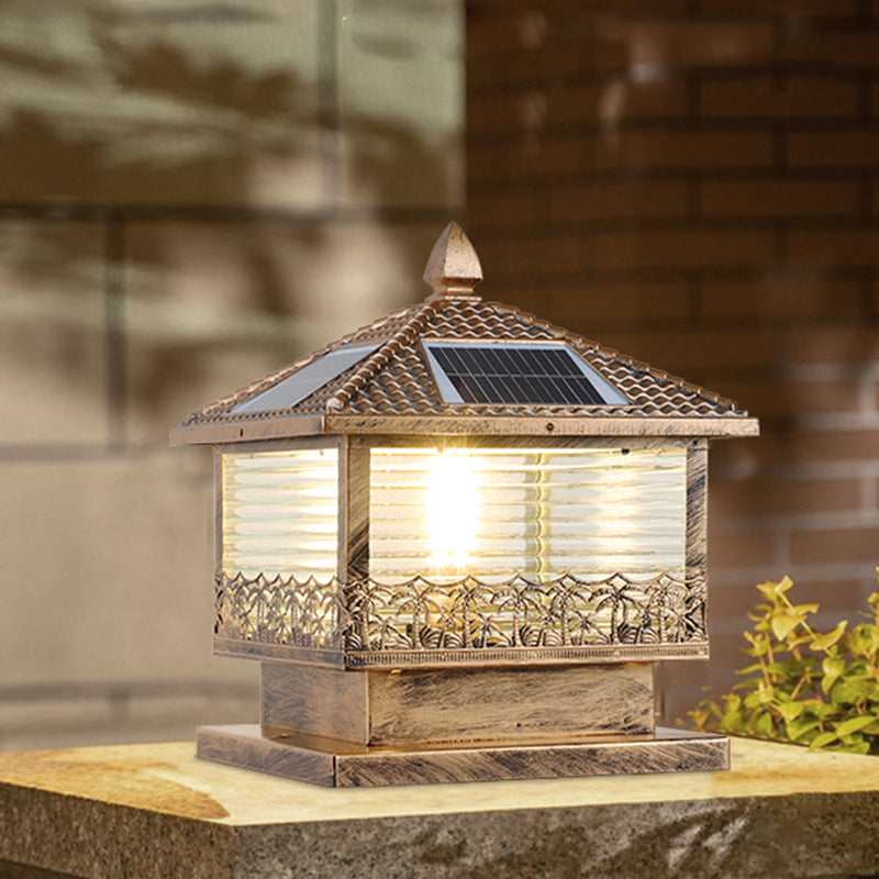 Rectangular Shape Metal Solar Pillar Lamp Modern Style 1-Light Outdoor Light