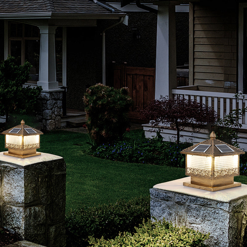Rectangular Shape Metal Solar Pillar Lamp Modern Style 1-Light Outdoor Light