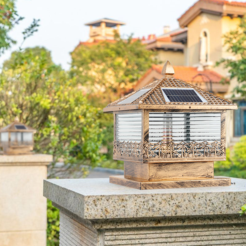 Rectangular Shape Metal Solar Pillar Lamp Modern Style 1-Light Outdoor Light