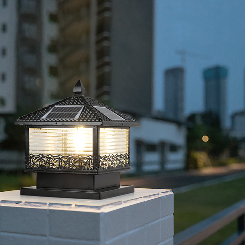 Rectangular Shape Metal Solar Pillar Lamp Modern Style 1-Light Outdoor Light