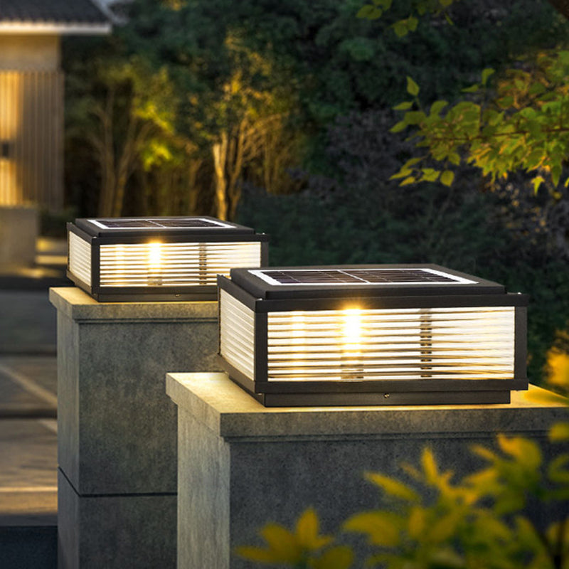 Metal Rectangular Shape Outdoor Lights Modern Style 1-Light Solar Pillar Lamp in Black
