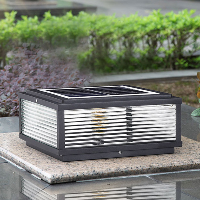 Metal Rectangular Shape Outdoor Lights Modern Style 1-Light Solar Pillar Lamp in Black