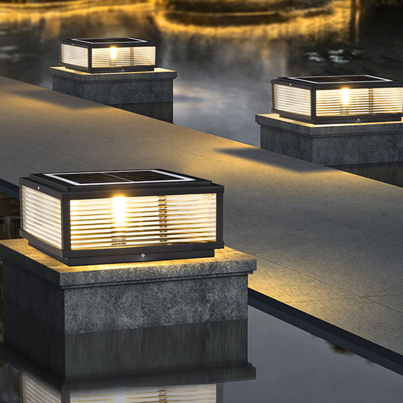 Metal Rectangular Shape Outdoor Lights Modern Style 1-Light Solar Pillar Lamp in Black