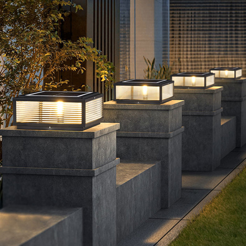 Metal Rectangular Shape Outdoor Lights Modern Style 1-Light Solar Pillar Lamp in Black