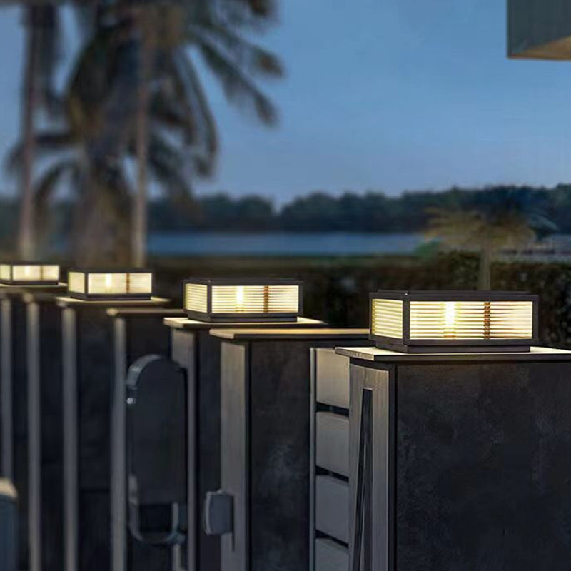 Metal Rectangular Shape Outdoor Lights Modern Style 1-Light Solar Pillar Lamp in Black