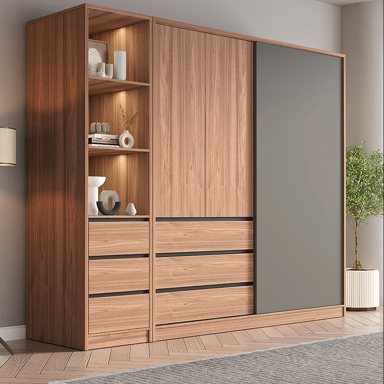 Sliding Wooden Wardrobe Closet Modern Brown Wardrobe Armoire