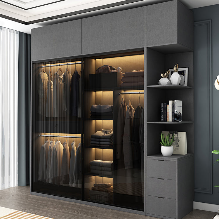Glass and Wood Wardrobe Cabinet with Drawer Grey Wardrobe Closet