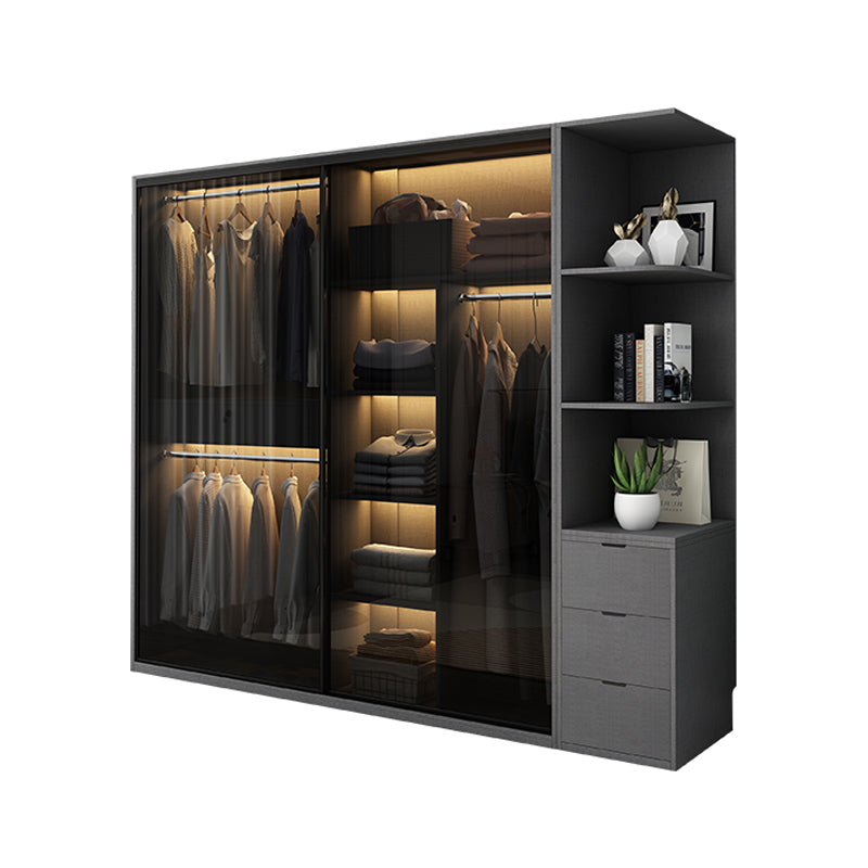 Glass and Wood Wardrobe Cabinet with Drawer Grey Wardrobe Closet