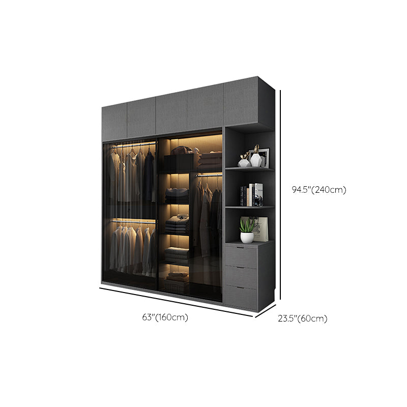 Glass and Wood Wardrobe Cabinet with Drawer Grey Wardrobe Closet