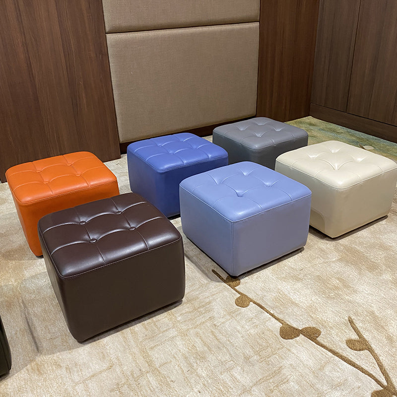 Mid-Century Modern Pouf Ottoman Genuine Leather Solid Color Tufted Square Ottoman