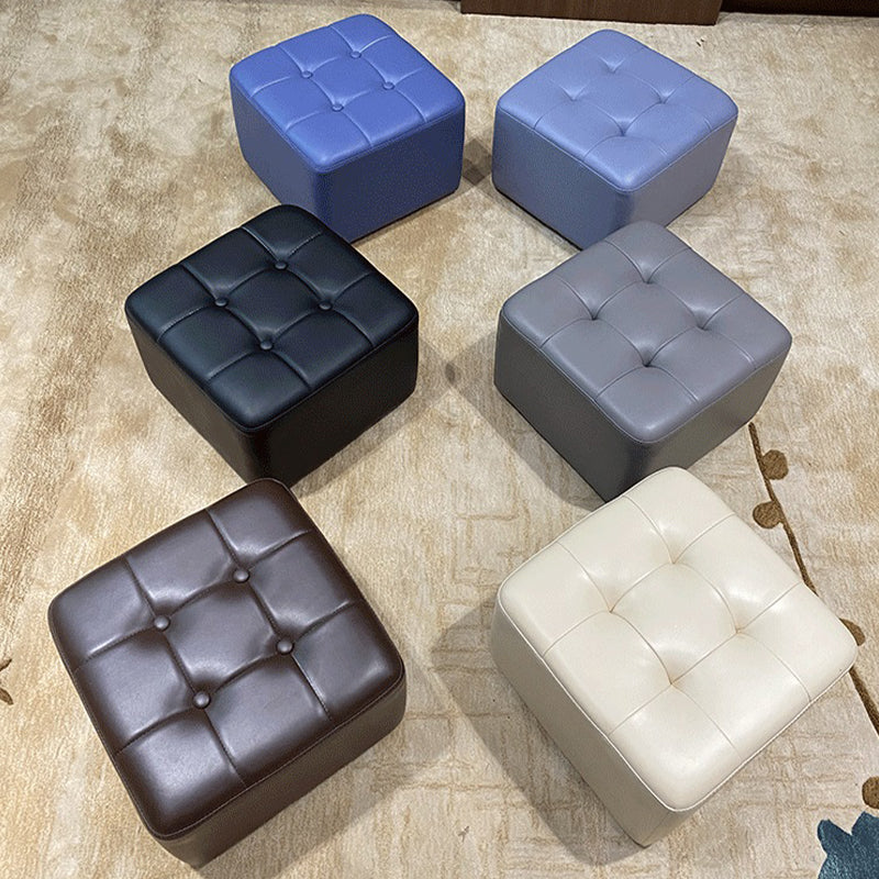 Mid-Century Modern Pouf Ottoman Genuine Leather Solid Color Tufted Square Ottoman