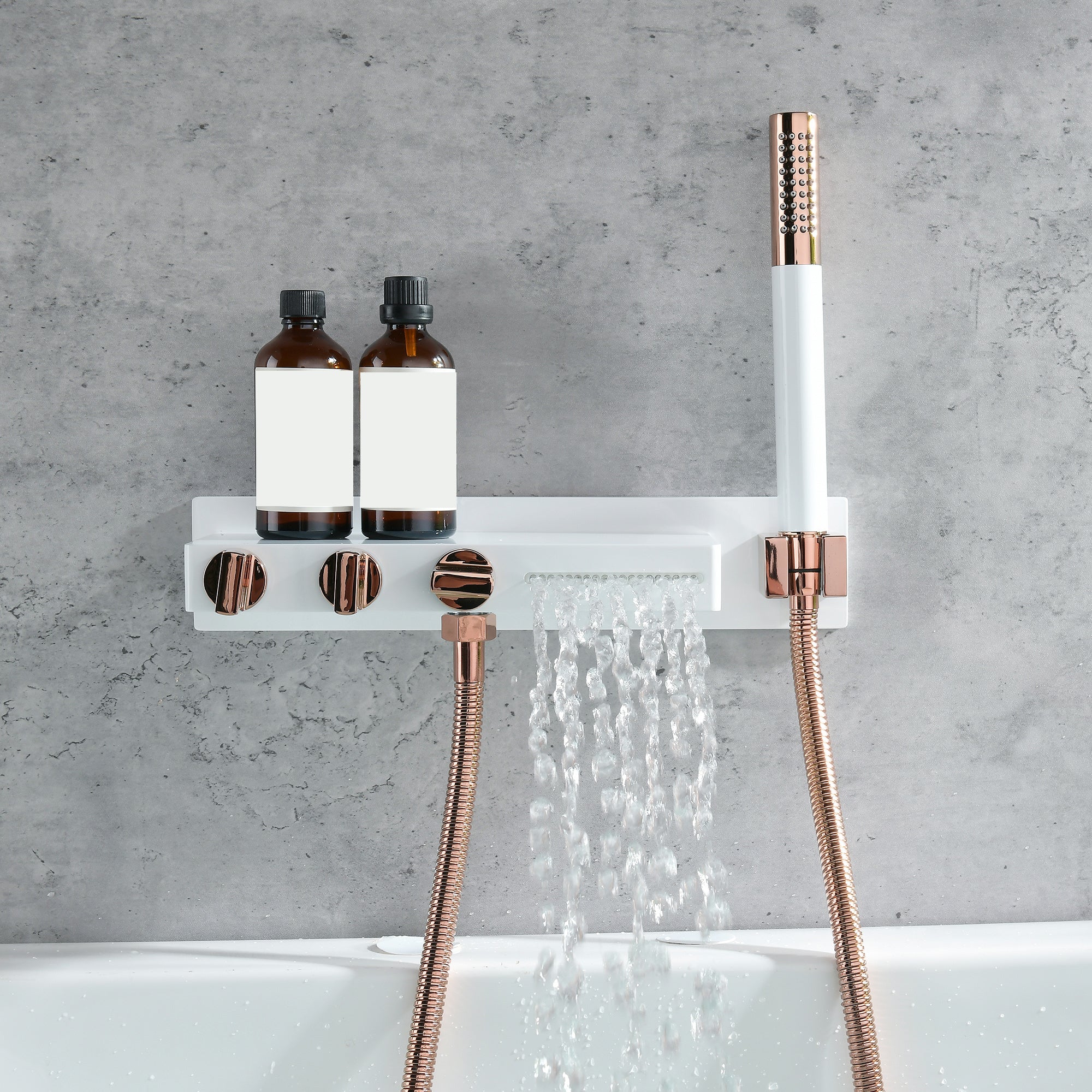 Wall Mount Tub Filler Modern Brass Triple Knob Handle Waterfall Tub Filler with Handshower