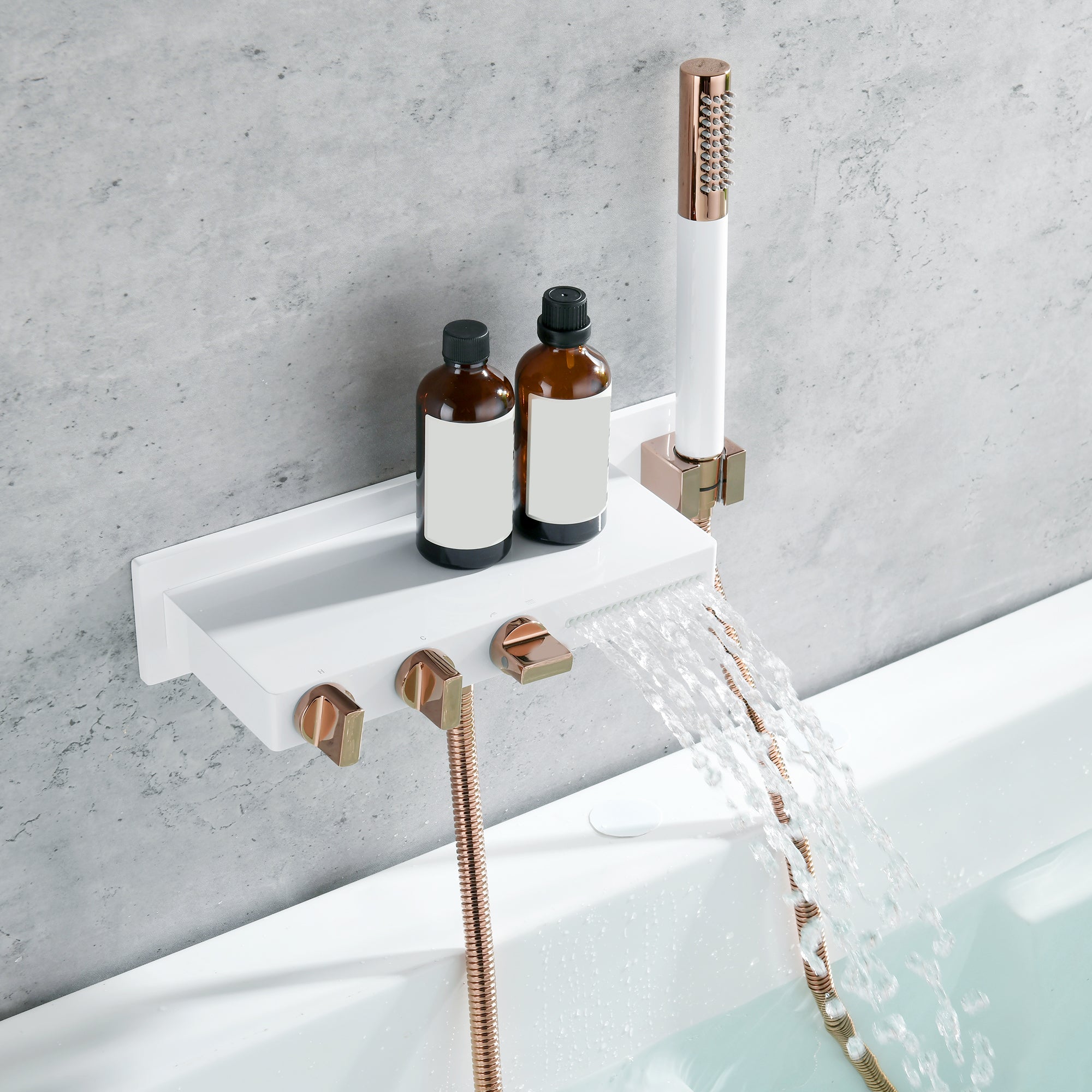 Wall Mount Tub Filler Modern Brass Triple Knob Handle Waterfall Tub Filler with Handshower