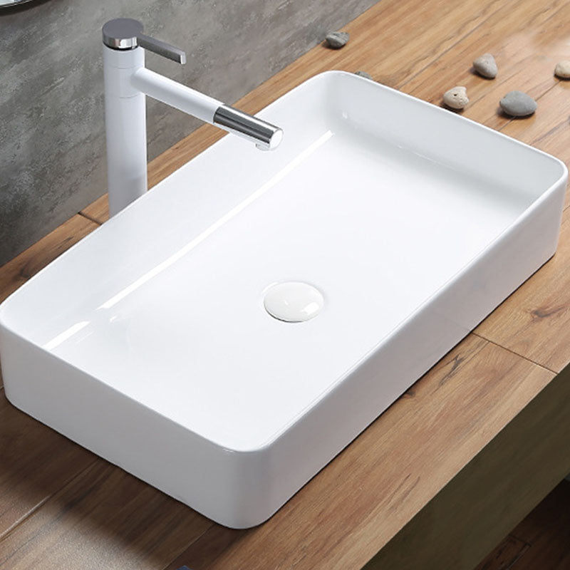 Modern Bathroom Sink Rectangular Porcelain Trough Sink with Pop-Up Drain