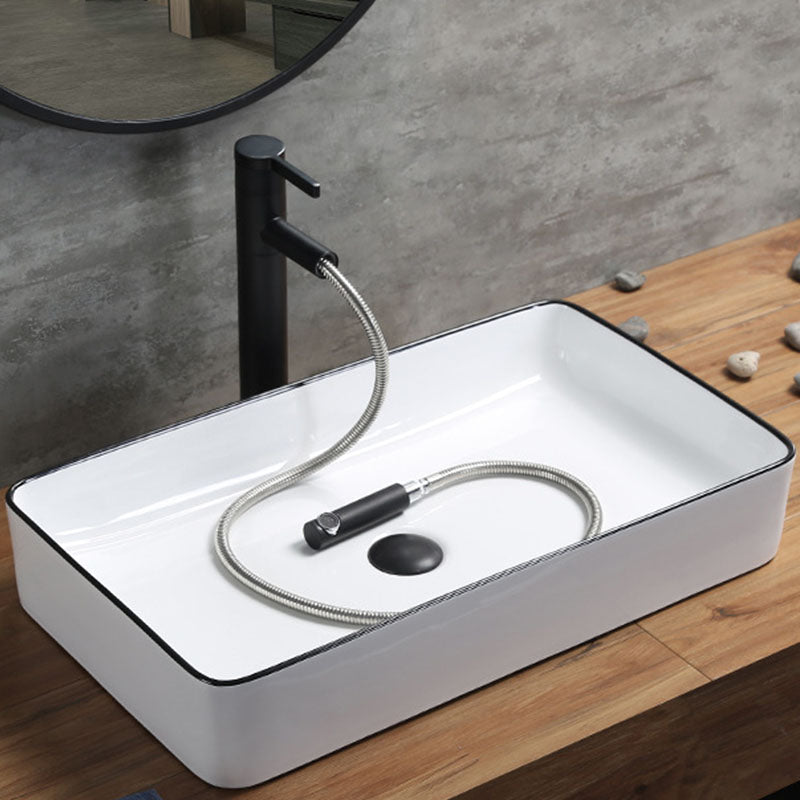 Modern Bathroom Sink Rectangular Porcelain Trough Sink with Pop-Up Drain