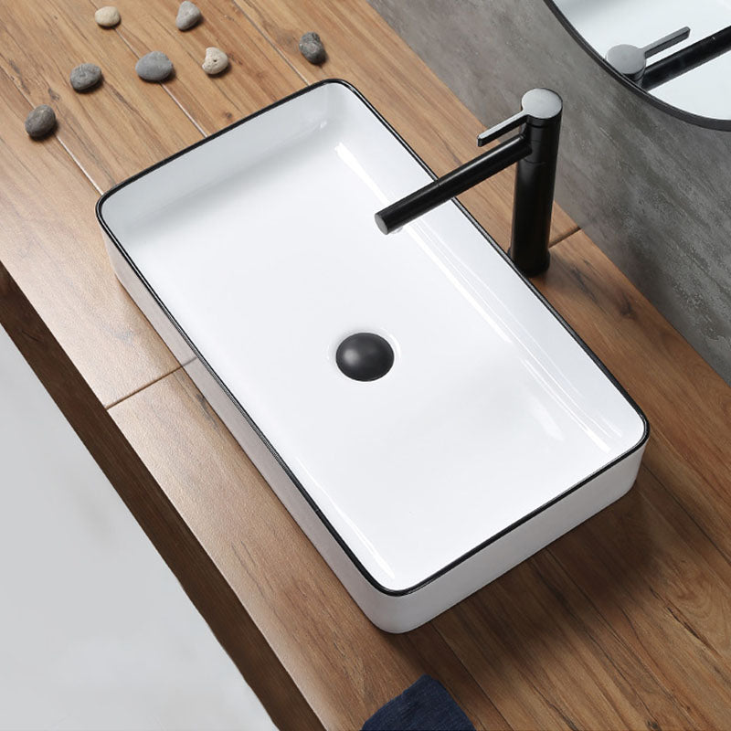 Modern Bathroom Sink Rectangular Porcelain Trough Sink with Pop-Up Drain
