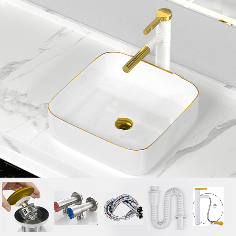 Traditional Vessel Sink Rectangular Porcelain with Overflow And Drain Assembly Wash Stand