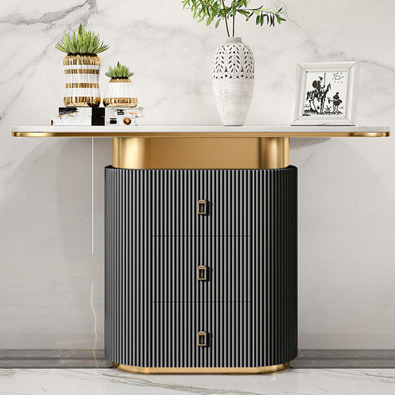 Glam Oval Accent Table Marble Sofa Console Table with Drawer for Hall