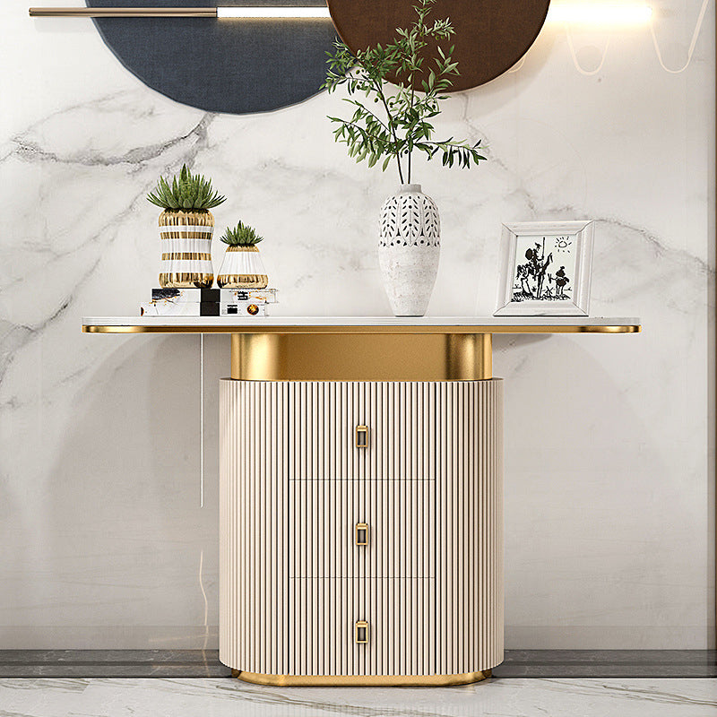Glam Oval Accent Table Marble Sofa Console Table with Drawer for Hall