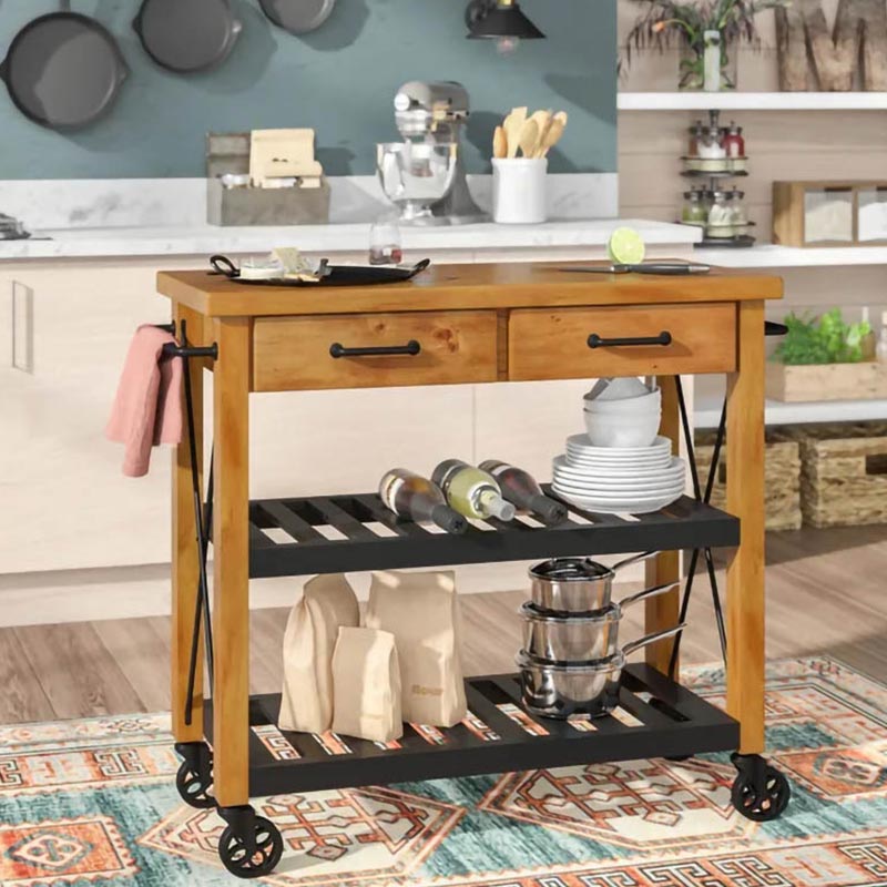 Rolling Solid Wood Kitchen Island Home Dining Kitchen Trolley with Towel Rack