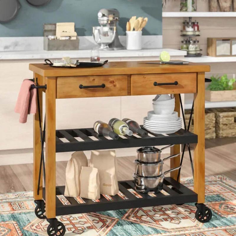Rolling Solid Wood Kitchen Island Home Dining Kitchen Trolley with Towel Rack