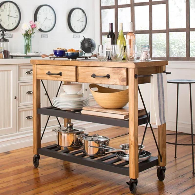 Rolling Solid Wood Kitchen Island Home Dining Kitchen Trolley with Towel Rack