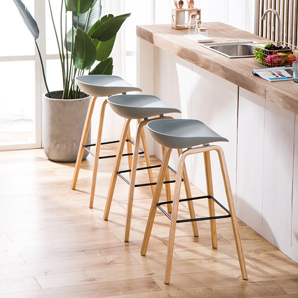 Plastic Bar Stool Low Back Dining Stool with Solid Wood Base