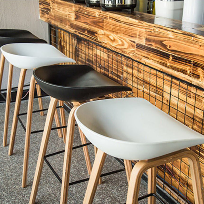 Plastic Bar Stool Low Back Dining Stool with Solid Wood Base