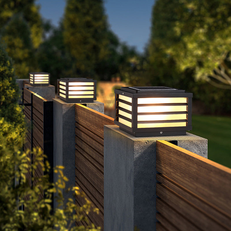 Rectangular Shape Metal Solar Pillar Lamp Modern 1 Light Outdoor Light in Black