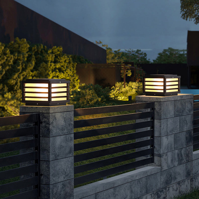 Rectangular Shape Metal Solar Pillar Lamp Modern 1 Light Outdoor Light in Black