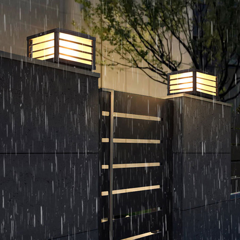 Rectangular Shape Metal Solar Pillar Lamp Modern 1 Light Outdoor Light in Black