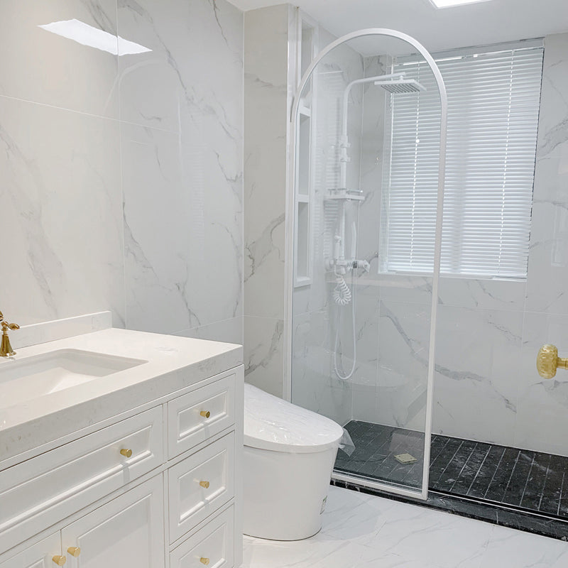 White Full Frame Single Fixed Panel, Half Partition Arched Waterproof Bathroom Screen