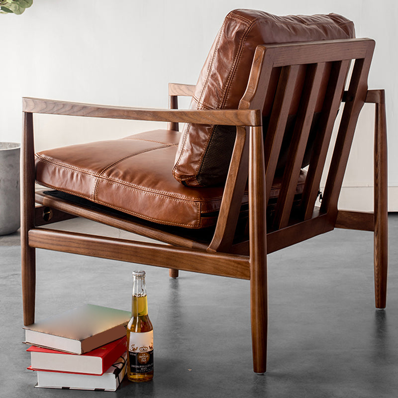 Pu Leather Arm Chair Square Arms Solid Wood Frame Pillow Back Chair