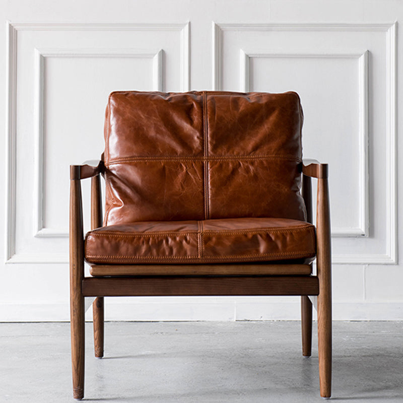 Pu Leather Arm Chair Square Arms Solid Wood Frame Pillow Back Chair