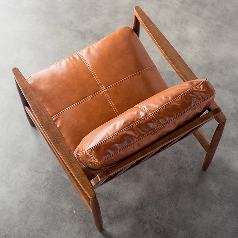 Pu Leather Arm Chair Square Arms Solid Wood Frame Pillow Back Chair