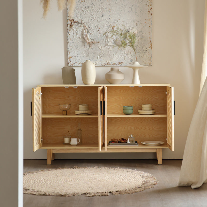 Wicker Rattan Accent Cabinet Solid Wood Storage Cabinet with Doors