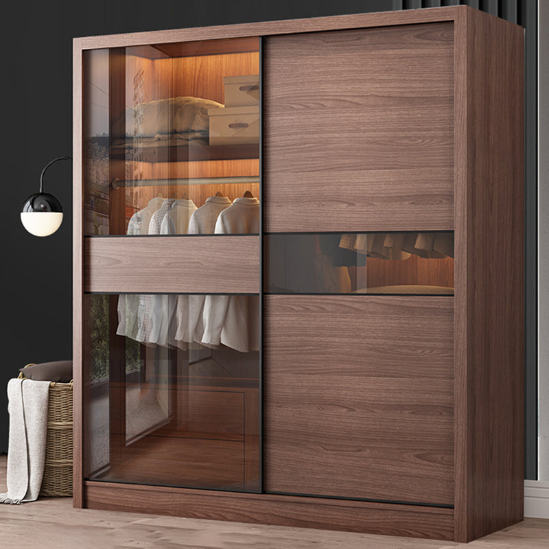 2 Glass Sliding Doors Wardrobe Modern Wood Wardrobe with Drawer