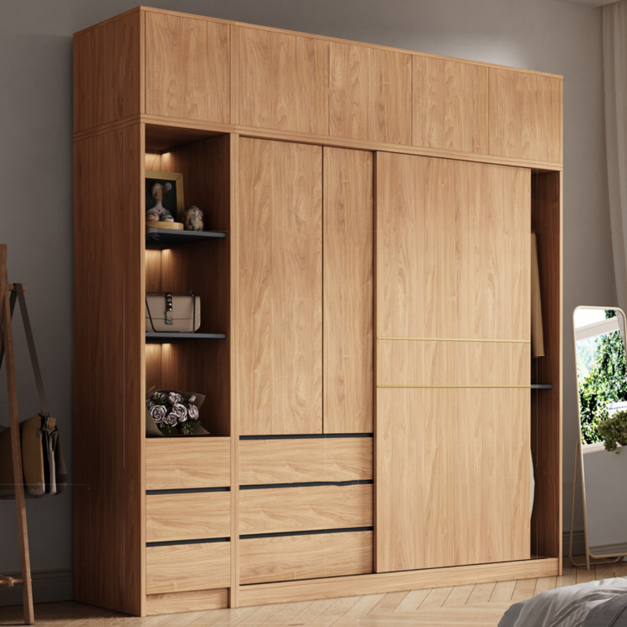 Contemporary Wood Wardrobe Armoire Freestanding Adjustable Shelves Wardrobe with Drawers