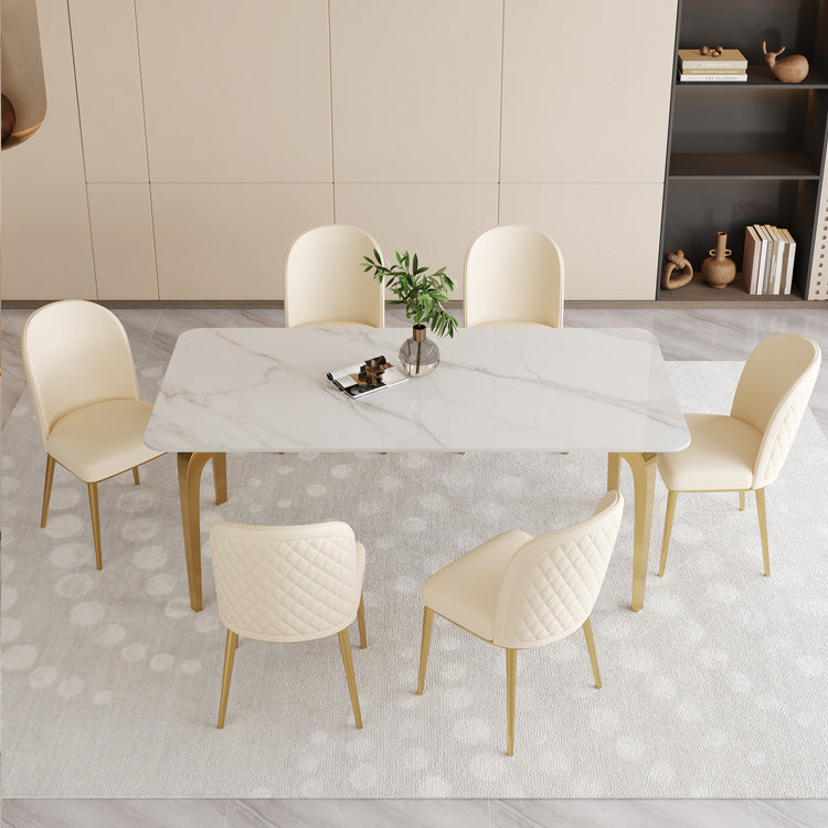Glam Style Dinner Table Rectangle Stone Dining Room Table in White