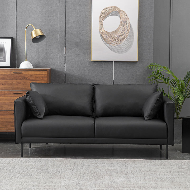 Contemporary Faux Leather Sofa with 2 Pillows Square Arm Settee