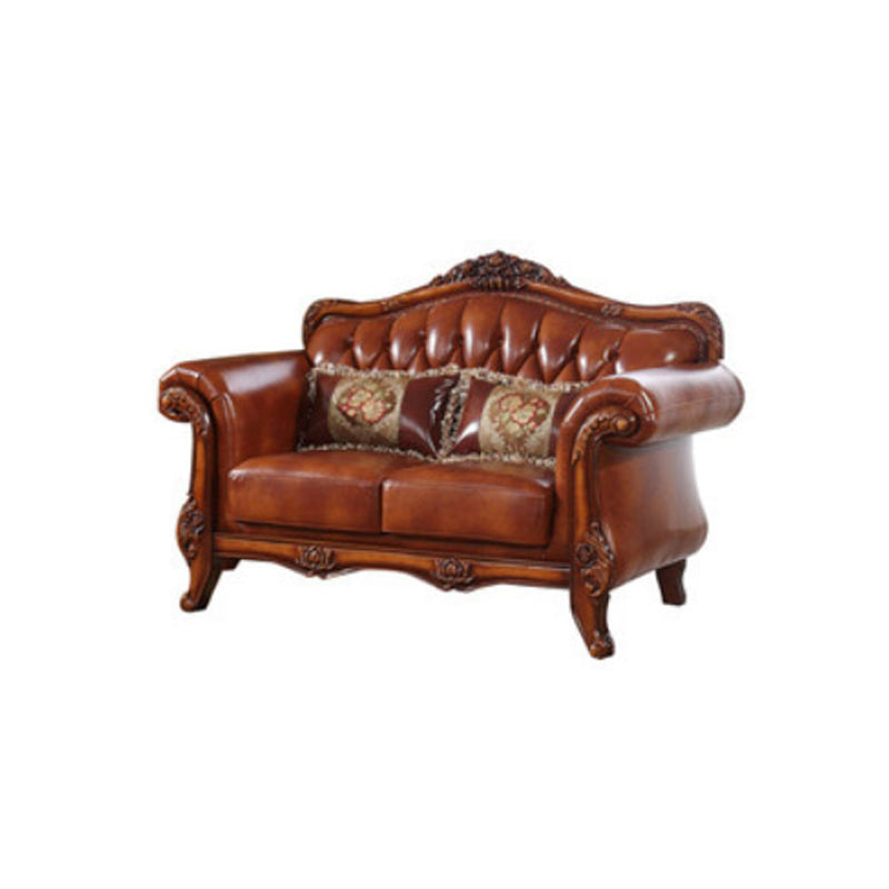 Genuine Leather Tufted Back Sofa Leather Round Arm Sofa in Brown