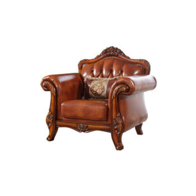 Genuine Leather Tufted Back Sofa Leather Round Arm Sofa in Brown