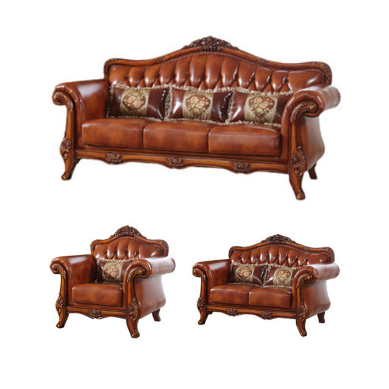 Genuine Leather Tufted Back Sofa Leather Round Arm Sofa in Brown
