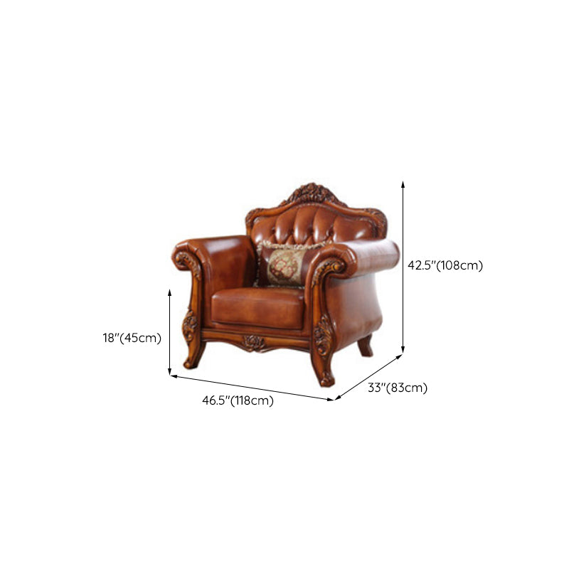 Genuine Leather Tufted Back Sofa Leather Round Arm Sofa in Brown