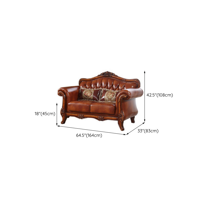 Genuine Leather Tufted Back Sofa Leather Round Arm Sofa in Brown