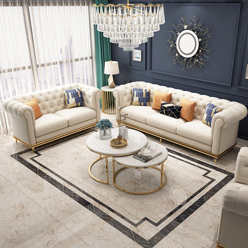 32.67" H Tufted Back Chesterfield Sofa Leather Tuxedo Arm Sofa