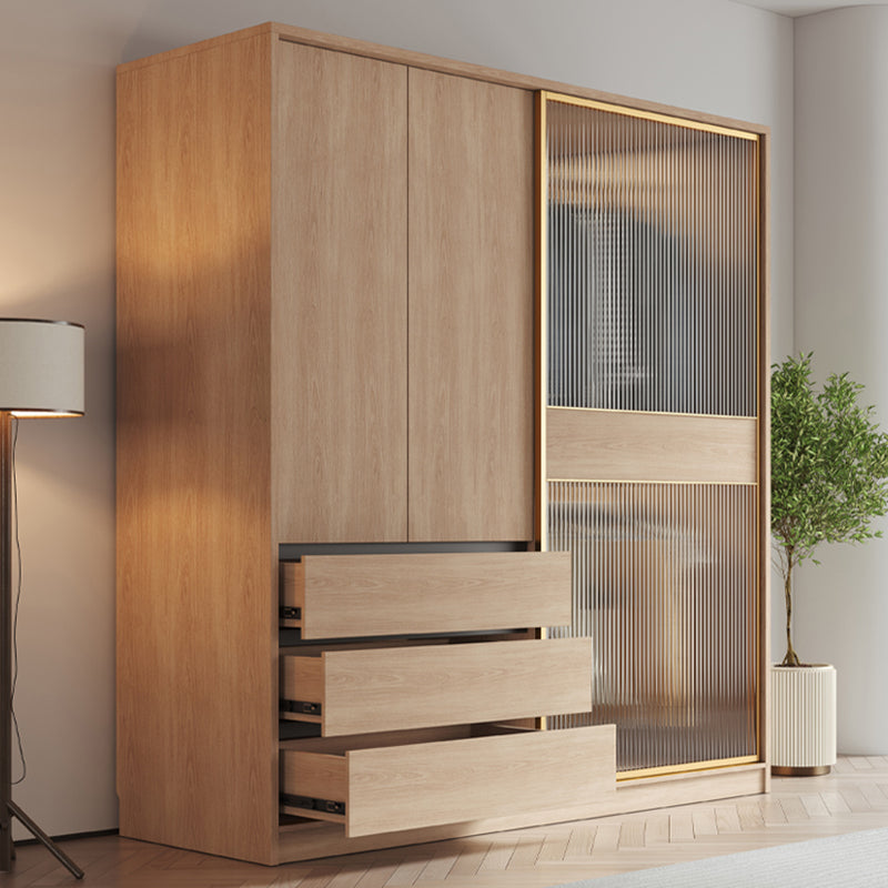Contemporary Glass Sliding Doors Wardrobe Natural Wood Wardrobe with Drawers