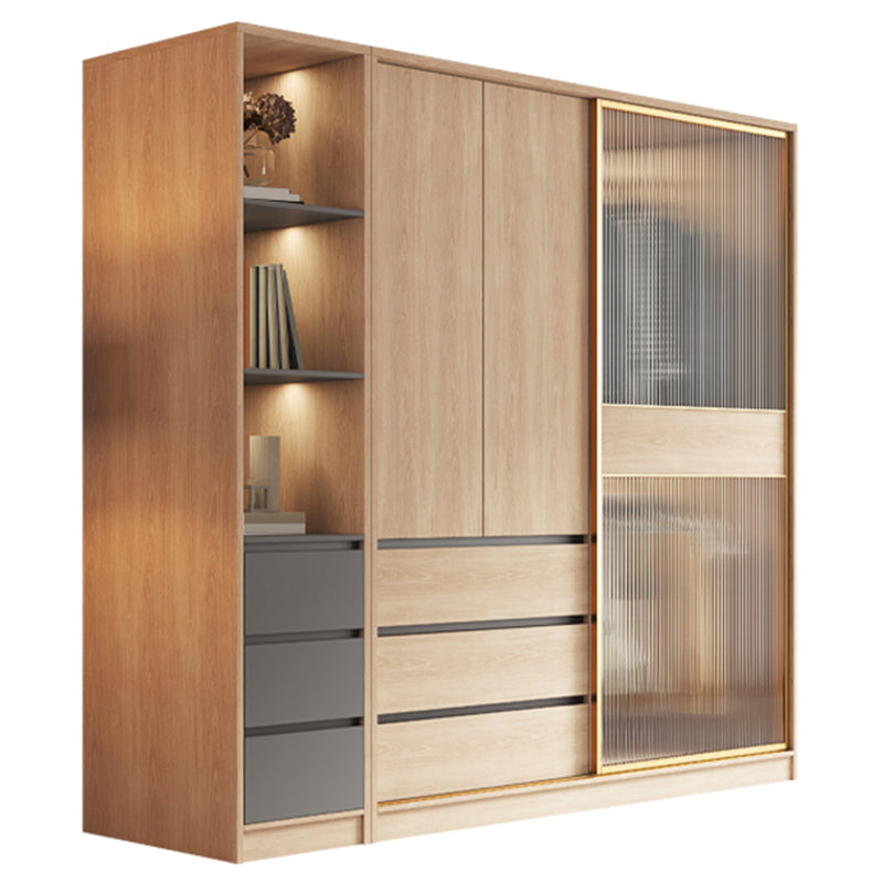 Contemporary Glass Sliding Doors Wardrobe Natural Wood Wardrobe with Drawers